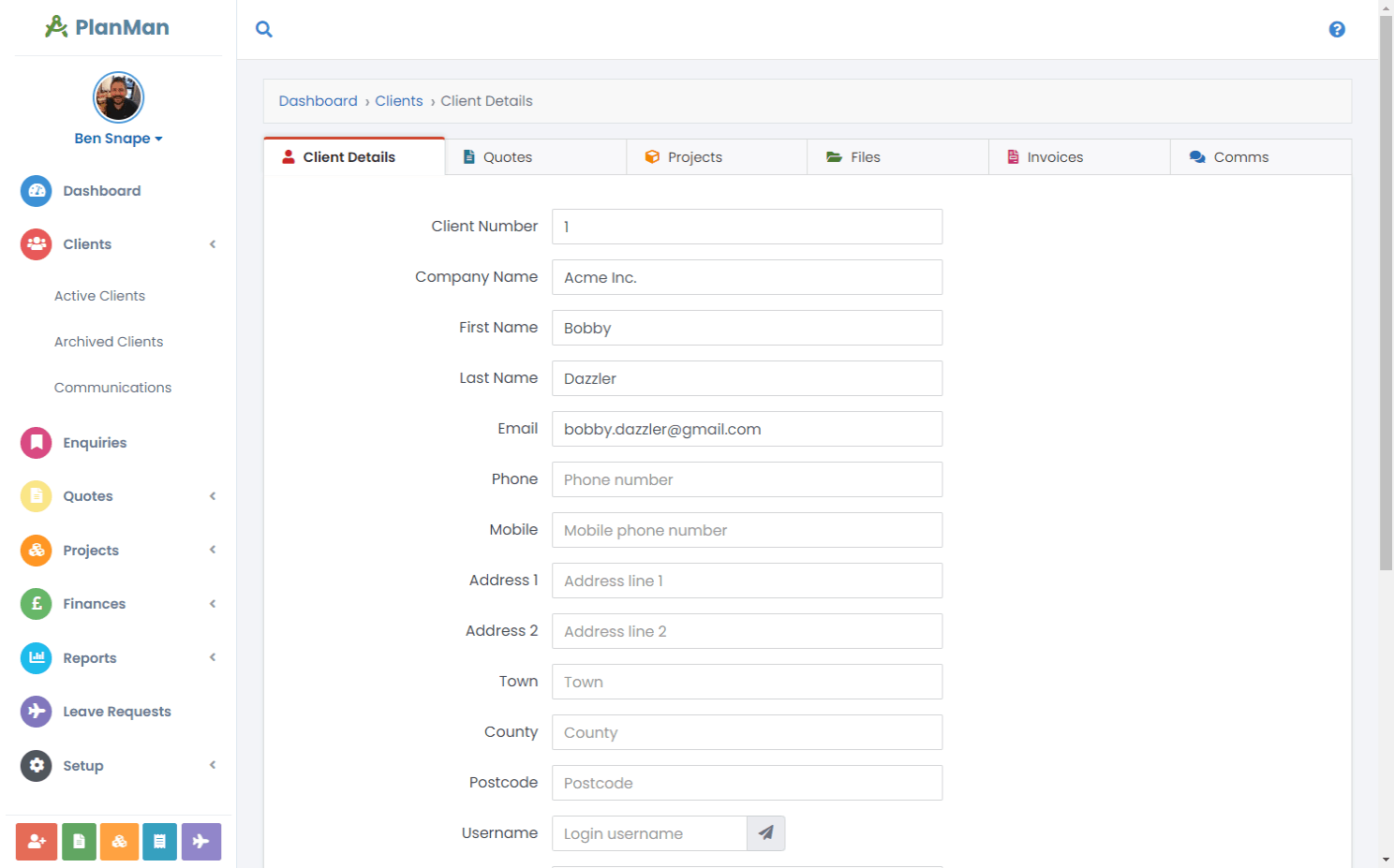 Client record with contact details and links to related projects in PlanMan