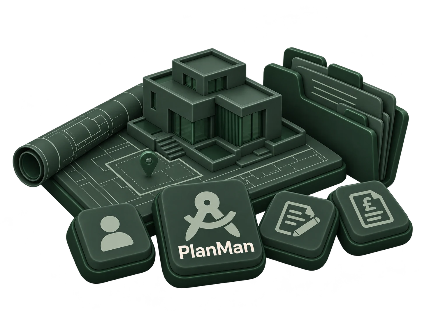 Architectural model, planning drawings, project files and client, quote and invoice symbols organised with PlanMan